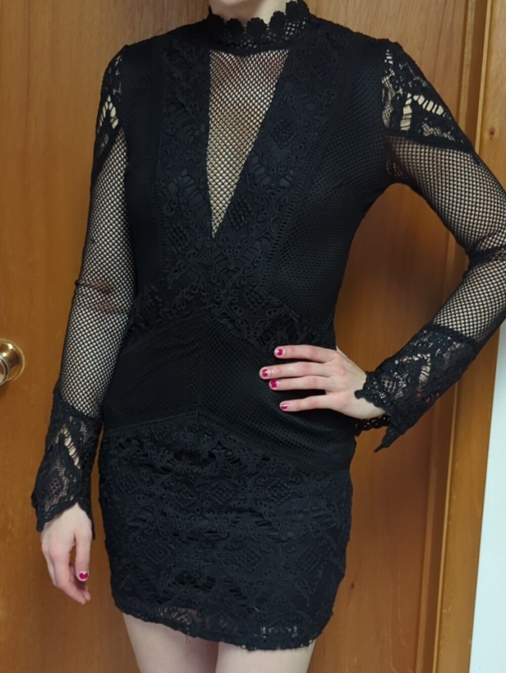L'ATISTE Black Lace & Mesh Gothic Long-Sleeve Mini Dress Size S